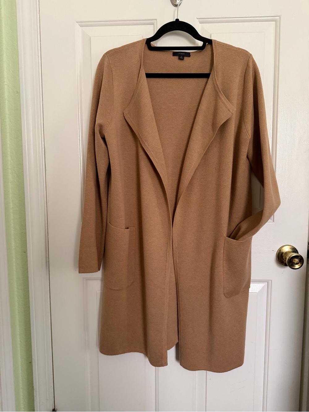 J.Crew Open Front Long Cotton Merino Wool Blend Cardigan in Camel